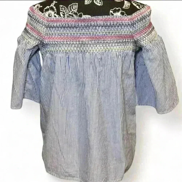 BeachLunchLounge Off The Shoulder Blouse L Multicolor Striped Bell Sleeve - Picture 4 of 6
